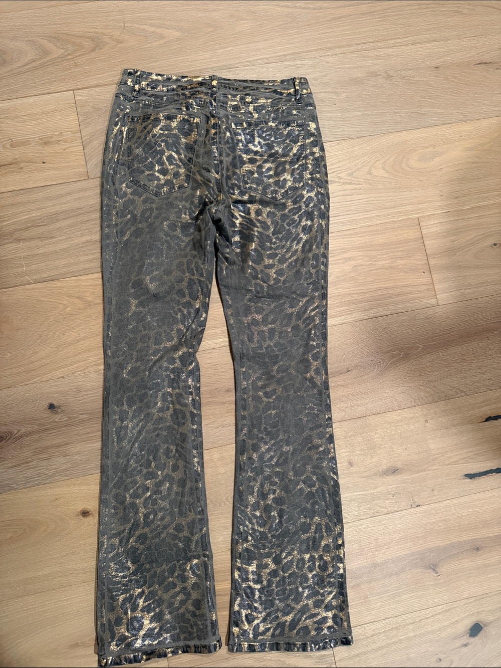 Women's Metallic Leopard Print Bootcut Jeans - Black and Gold - Picture 3 of 4